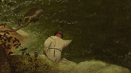 Detail of the painting: the fisherman crouched at the water's edge, intent on his line.