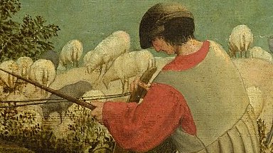 Detail of the painting: the ploughman, head bowed over his work, sheep grazing behind him.