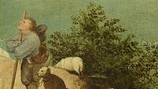 Detail of the painting: the shepherd leaning on his staff, gazing up and away from the sea.